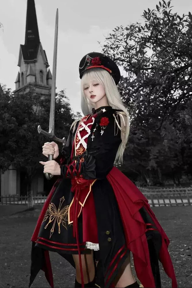 [Pre-order] Black and Red Military Gothic Lolita Asymmetrical Dress + Top + Sash + Brooch Set