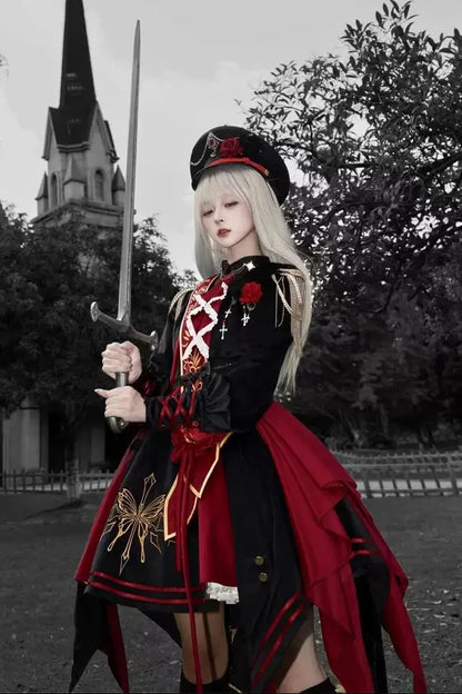 [Pre-order] Black and Red Military Gothic Lolita Asymmetrical Dress + Top + Sash + Brooch Set