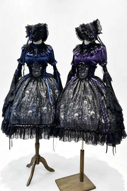 【11月25日予約締切】Gothic Lolita Frill Lace Puff Sleeve Satin Shirt + Skeleton Lace Layered Corset Skirt + Detachable Bell Sleeves + Bonnet Set
