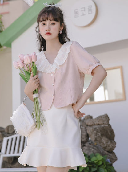 Puff sleeves French lace color shirt