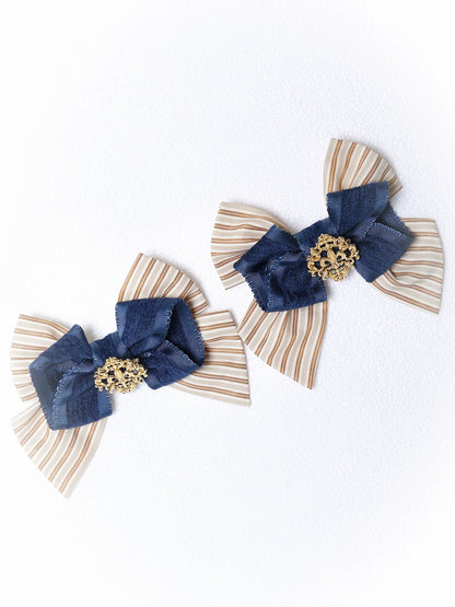 [11/6 Reservation Deadline] Navy Blue/Brown Classic Italian Travel Diary Lolita Series Accessories (Lace Ribbon Mini Hat / Pair of Striped Hair Clips / Brooch / Jabot-Style Bow Tie / Necktie with Metal Brooch / Embroidered Back Ribbon Train)