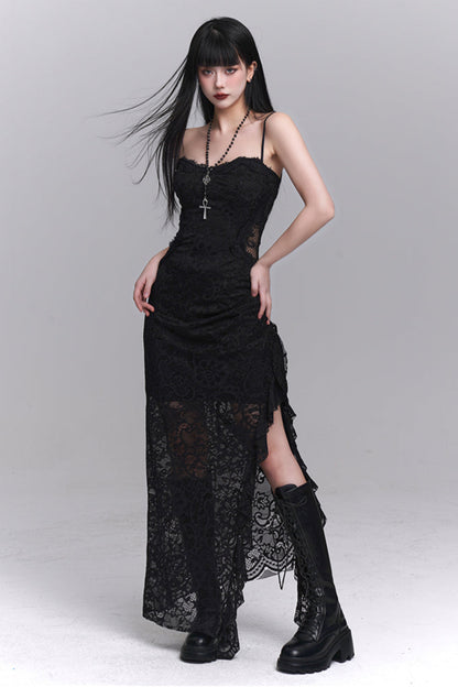 Dark Lace Slit Suspended Dress