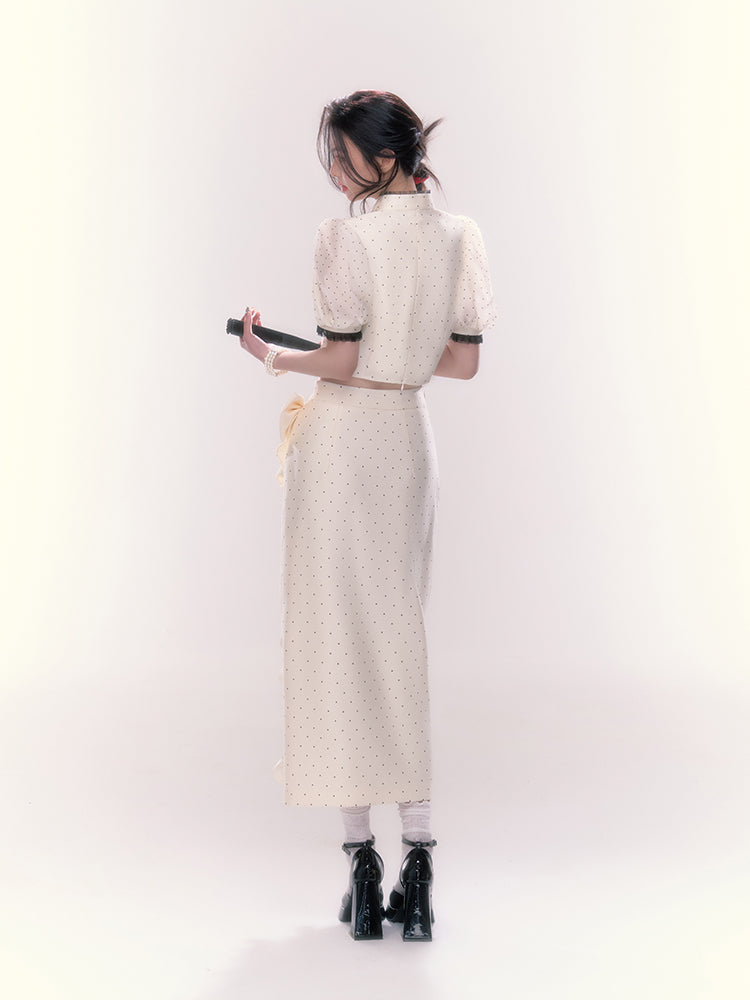 Silk Dot China Puff Sleeve Top + Ruffle Slit Long Skirt