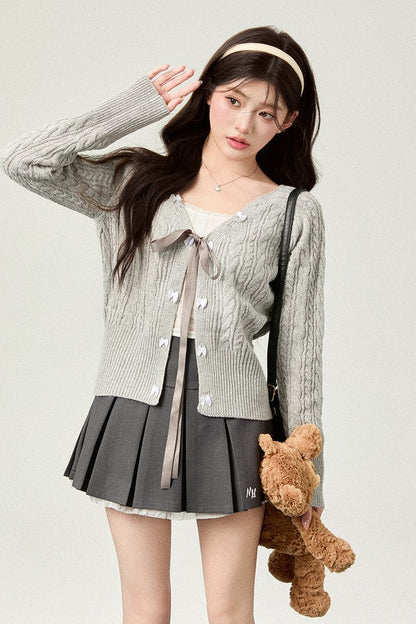 Bell Design Bow Knit Cardigan + Lace Pleated Skirt