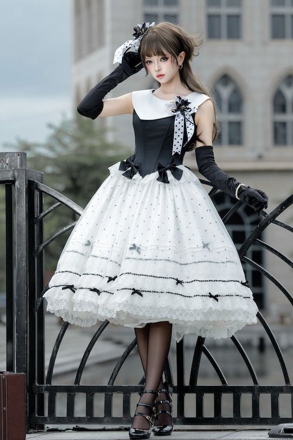 [Date limite de réservation : 17 août] Robe lolita élégante à pois, col classique, superposition de tulle et ruban + ensemble complet