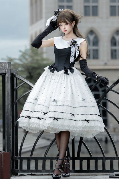 [Date limite de réservation : 17 août] Robe lolita élégante à pois, col classique, superposition de tulle et ruban + ensemble complet