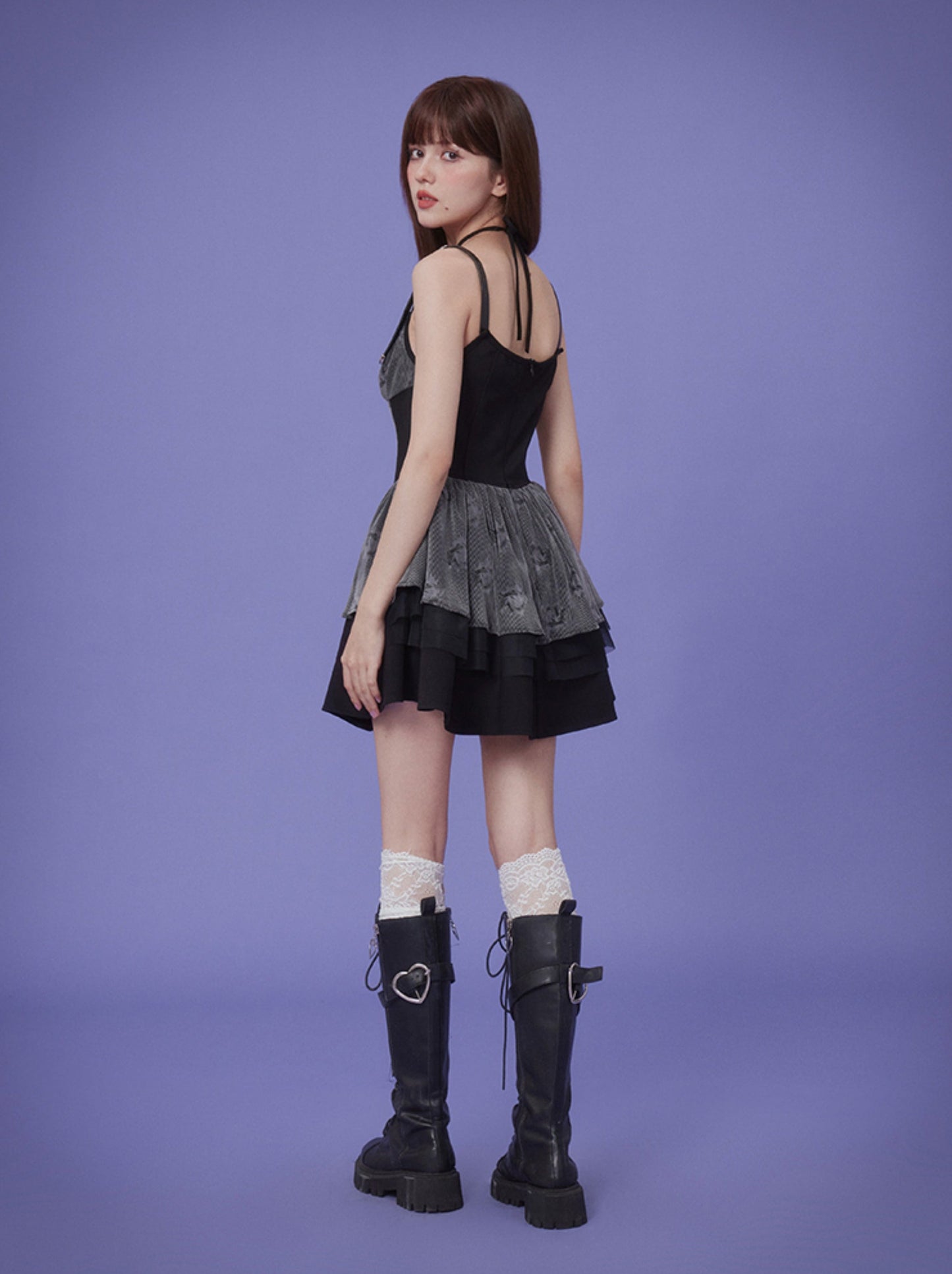 SagiDolls Girl's Fighting Spirit Heavy Industry Flocking Rose Texture Halterneck Waist Slim Dress Pure Desire Fashion