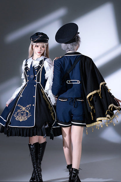 Rot-Schwarz/Blau-Schwarz Dark-Lolita-JKS-Kleid mit goldener Stickerei, Reverskragen, Krawatte und Gürtel mit Hüfttasche