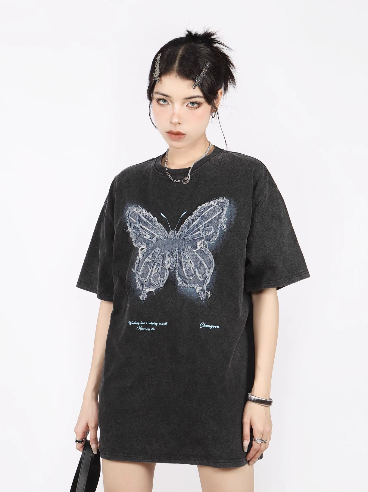 American Retro Butterfly Ergain Broy Dary Over -size T -shirt