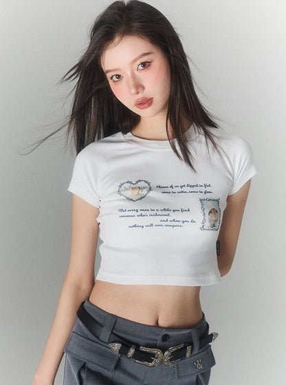 バニースリムコットンホワイトプリントTシャツ