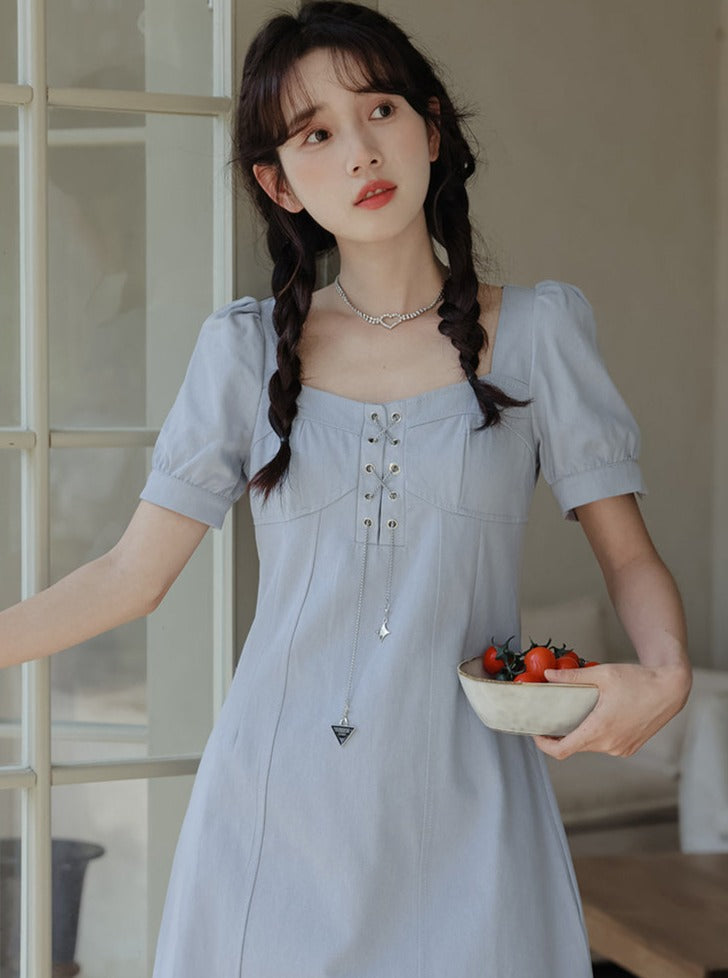 Puff sleeve slim square color dress