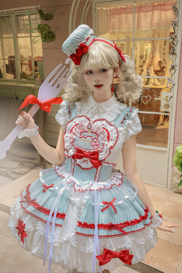[Pre-order Deadline: September 27] Twin Tiered Lolita Dot Ribbon Striped Dress + Flower Bud Skirt Dress