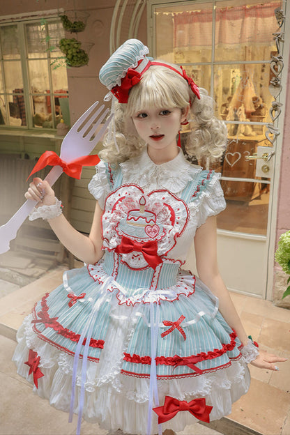 [Pre-order Deadline: September 27] Twin Tiered Lolita Dot Ribbon Striped Dress + Flower Bud Skirt Dress