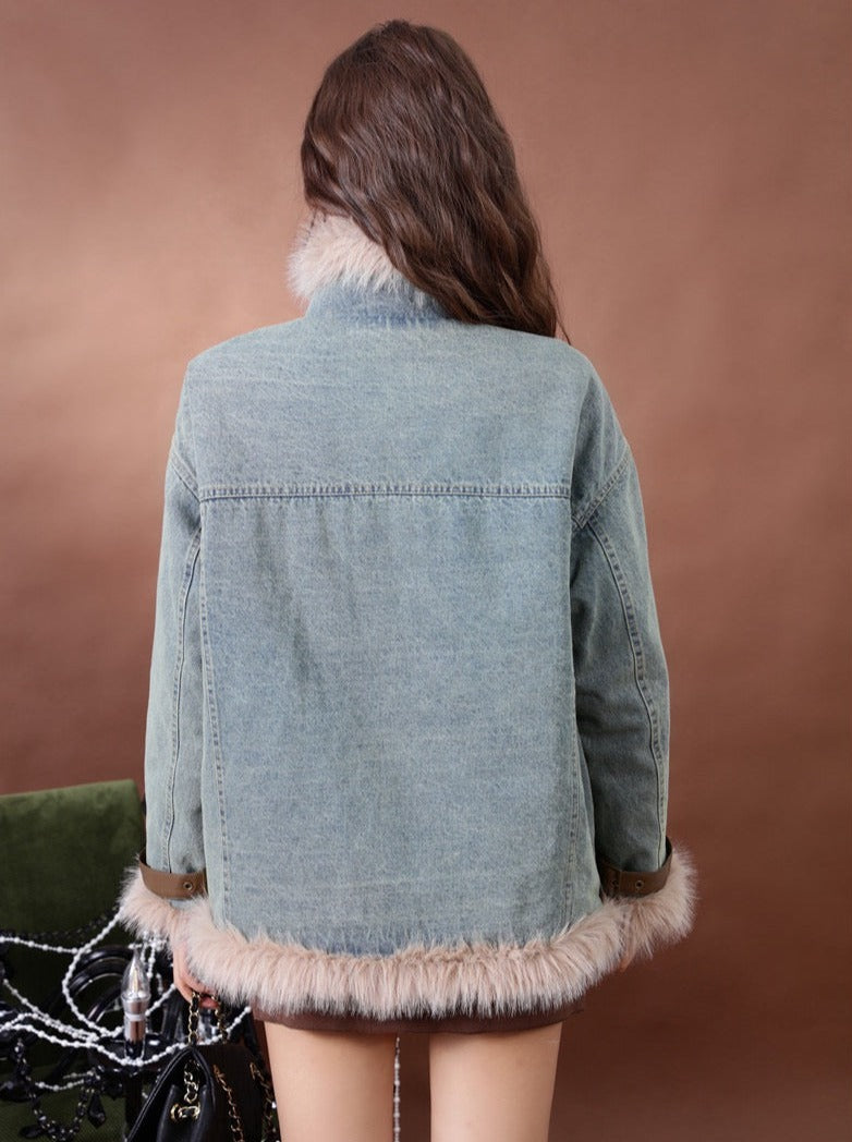 Retro Fur Patchwork Denim Coat