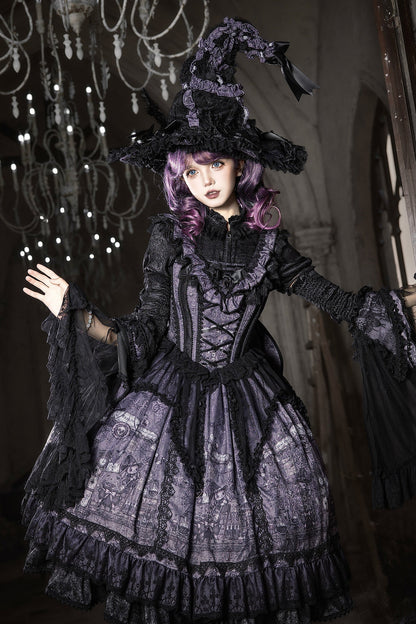 【10月30日予約締切】Purple And Black Gothic Lolita Dress Complete Set [Bunny Ear Hat Version/Witch Hat Version] (Witch Print Bustier Dress + Black Short-Sleeved Blouse + Bat Wing Back Train + Detachable Princess Sleeves)