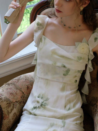 Chiffon Sheer Top + Green Flower Camisole Skirt