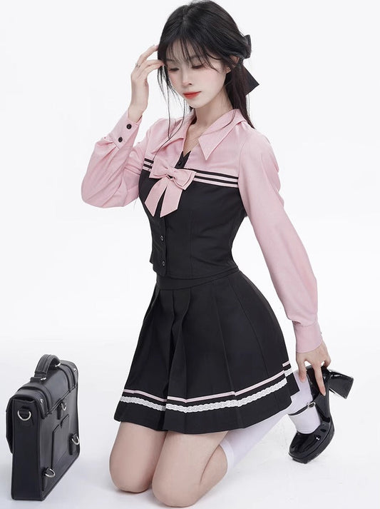 Ensemble chemise et jupe de style collégial noir rose corian style y2k