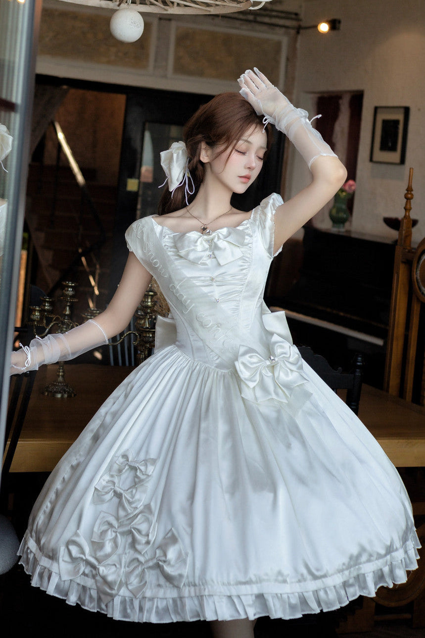 [Pre-order Deadline: August 8] Elegant Silver Satin Lolita Romantic Ribbon Dress Set