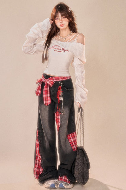 Patchwork check Wide leg jeans