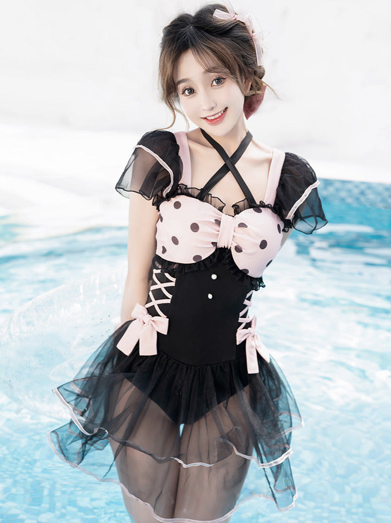 Dot Sheer Frill Lace-Up Lolita Girly Dress Swimsuit