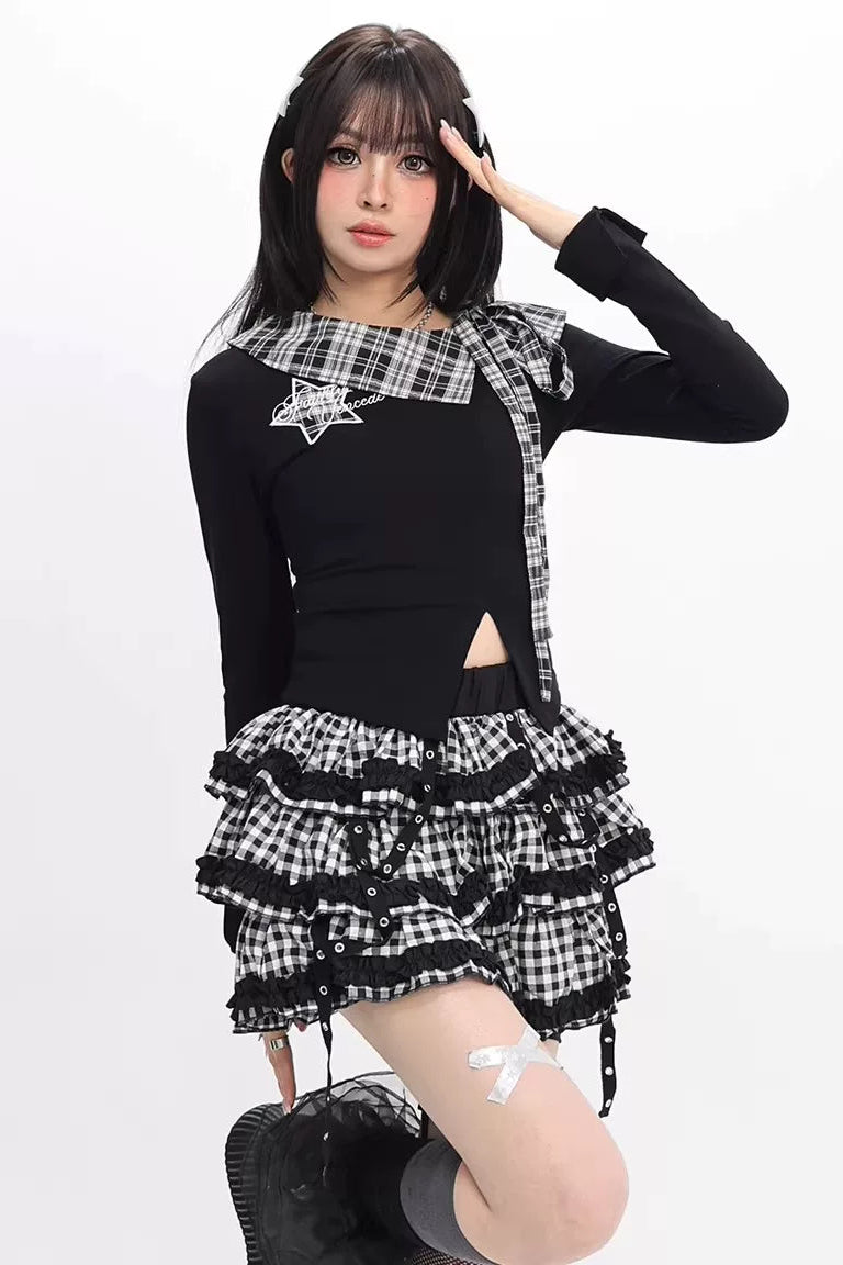 Plaid Fitted Slit Top