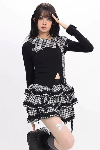 Plaid Fitted Slit Top