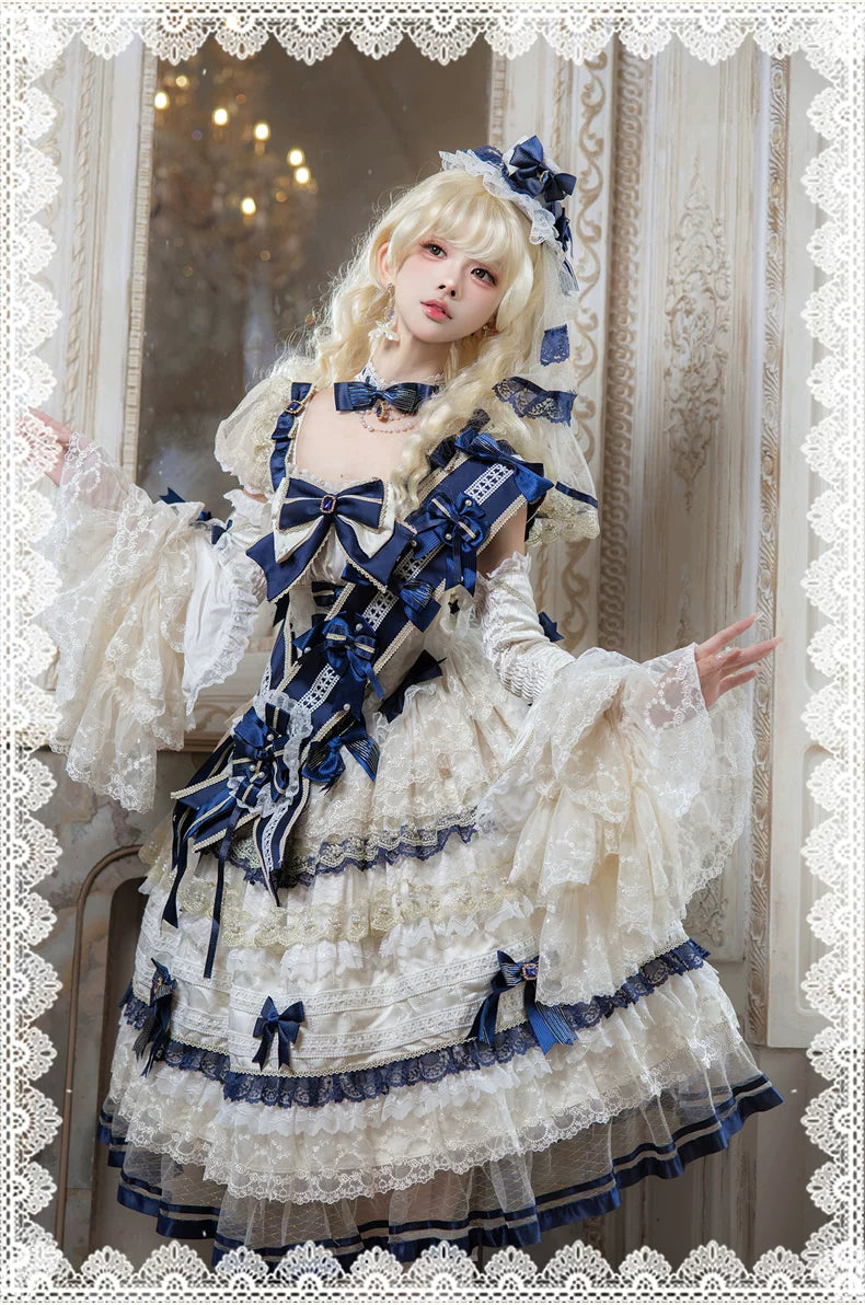 [Date limite de précommande : 9/28] Robe lolita princesse classique élégante royale blanc x bleu à nœud en dentelle et volants + ensemble complet (ras-de-cou/chapeau à voile/manches princesse [manches amovibles] /ceinture ruban/traîne à nœud au dos)
