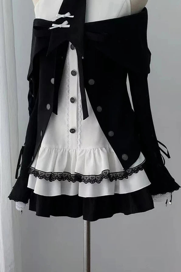 [Pre-order Deadline: October 15] Black Bow Off-Shoulder Lace Flare-Sleeve Jacket + Black and White Lace-Trim Bow Halter Dress with Tie