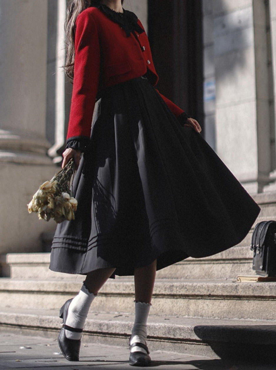 Retro Elegant Suit Red Short Jacket + Black Ruffle Lantern Sleeve Dress + Ribbon Tie