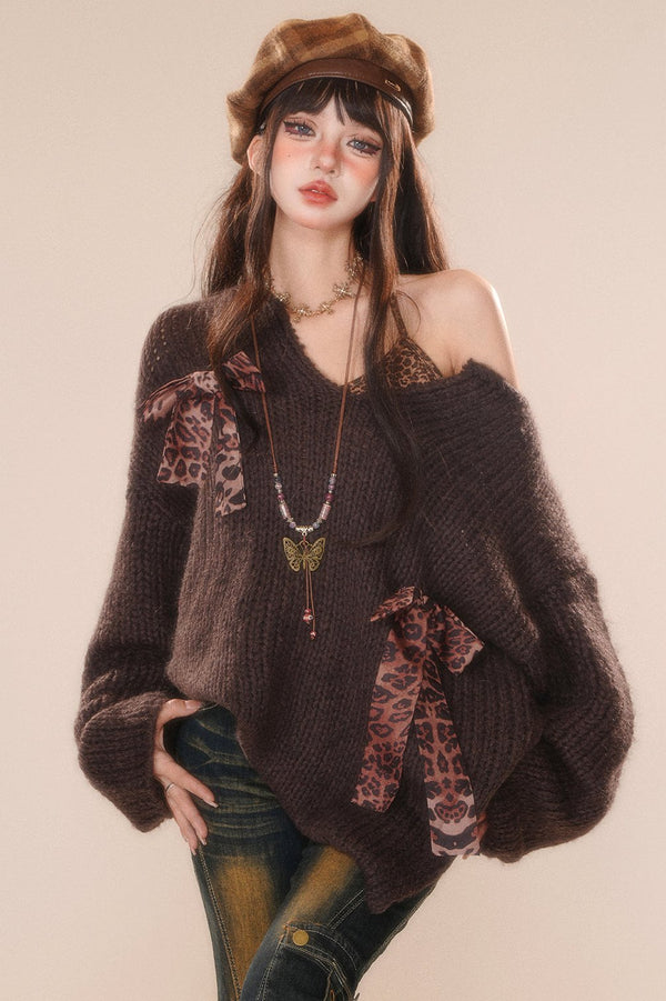 レオパードプリントオフショルダーセーターセットアップ
