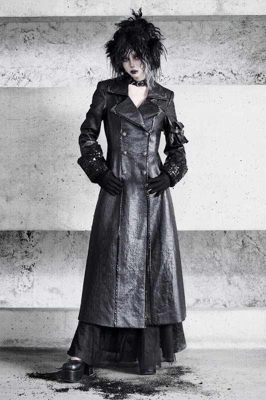 Shadow Crack Leather Gothic Long Wool Coat