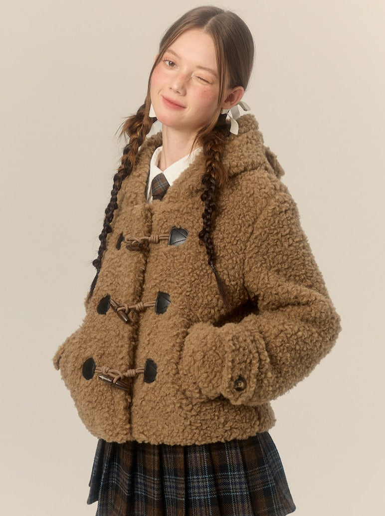 Bear Hooded Horn Button Short Lamb Wool Coat