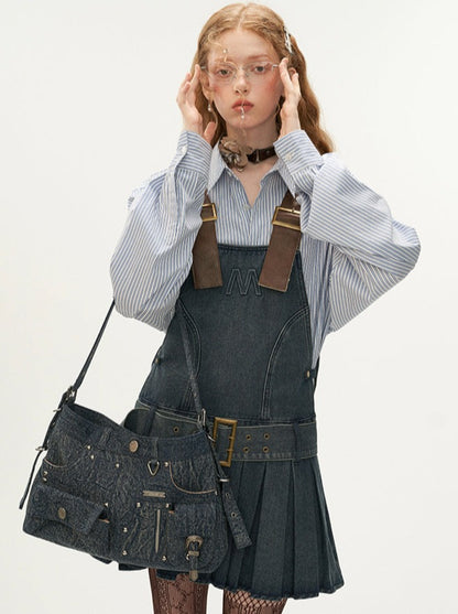 Leather Belted Logo Denim Pleated Suspender Skirt