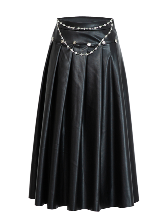Chain Leather Long Pleated High Waist Skirt