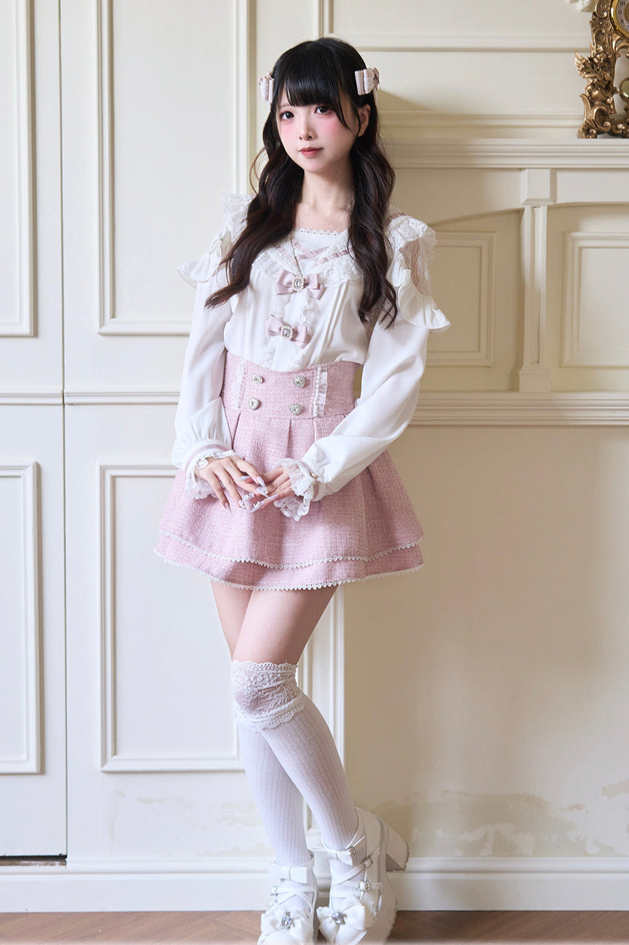 Sailor collar lace ribbon shirt