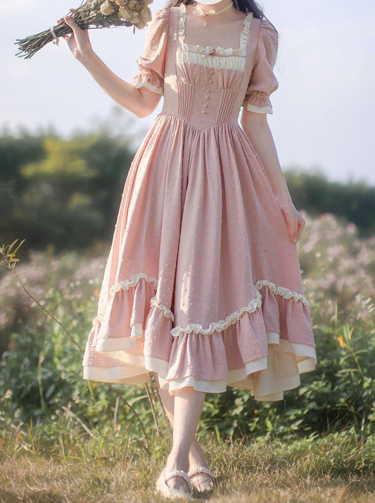 Walnut JK [Rayla] original French vintage dress pink puff sleeves pastoral light lolita