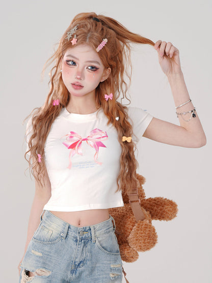 Girly ribbon print short T-shirt