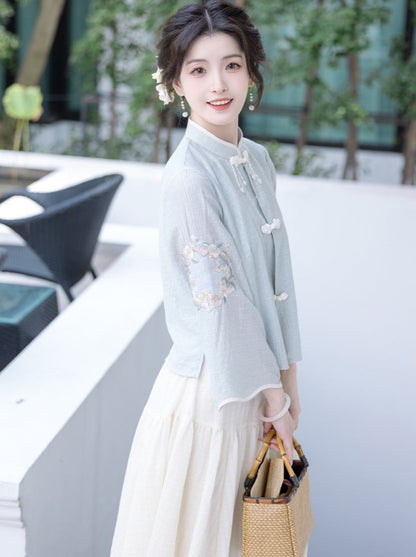 Sichuan Dai time : apricot blossom light rain two-colour cardigan skirt set daily new Chinese style suit