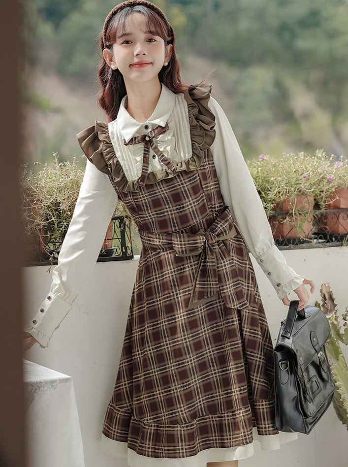 French Hepburn Style Retro Brown Ruffle Suspender Skirt