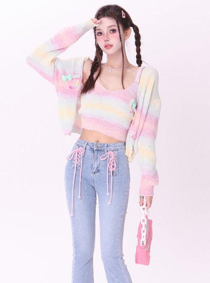 Rainbow Gradation Color Knit Cardigan + Rainbow Camisole