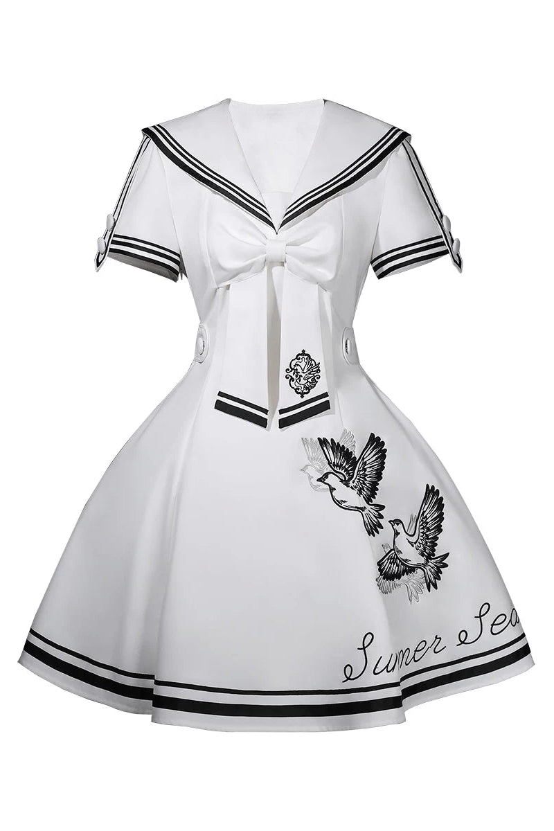 【10月1日予約締切】Blue/White Sailor Collar Bird Embroidery Lolita Bow Dress