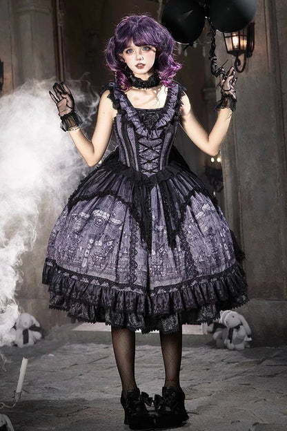 【10月30日予約締切】Purple And Black Gothic Lolita Dress Complete Set [Bunny Ear Hat Version/Witch Hat Version] (Witch Print Bustier Dress + Black Short-Sleeved Blouse + Bat Wing Back Train + Detachable Princess Sleeves)