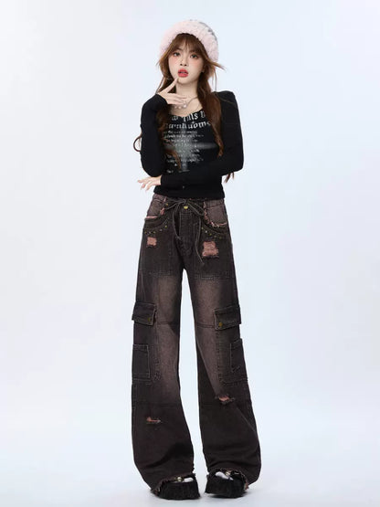 Retro Damaged Black Gradient Denim Cargo Pants