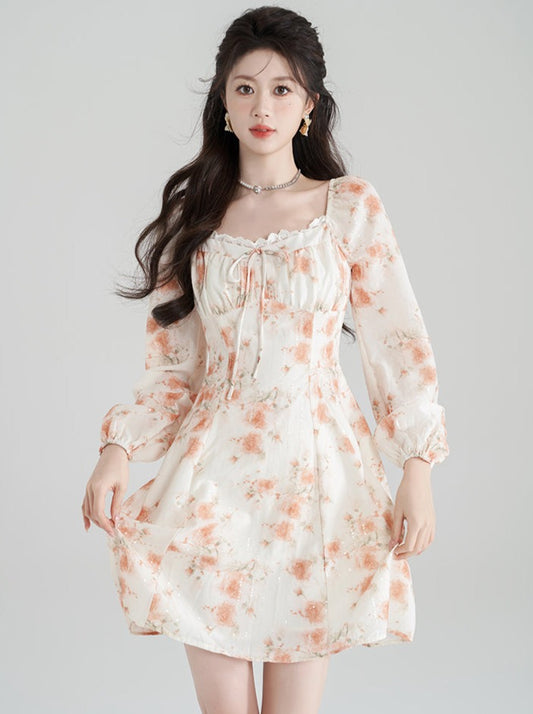 Small fragrance French square neck floral dress women's long sleeve spring new gentle wind waist temperament A-line skirt