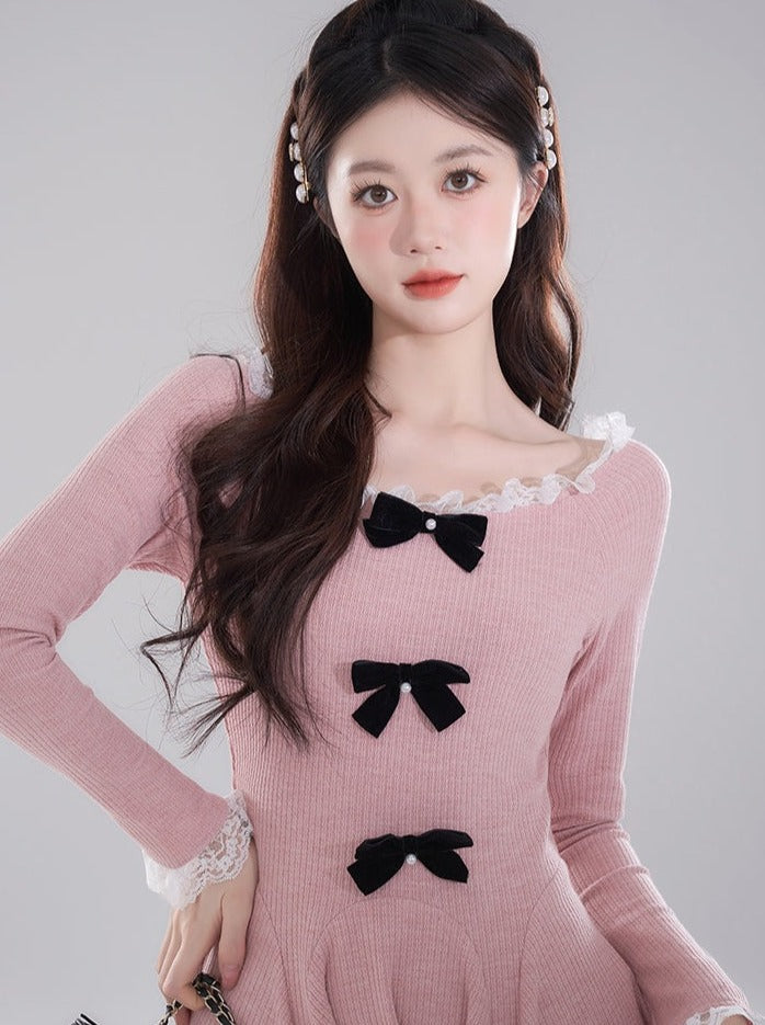 Knit Double Bow Flared Elegant Dress