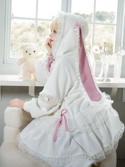 [Reservations] Frilled Long Bunny Ears Big Bow Hooded Girly Dress