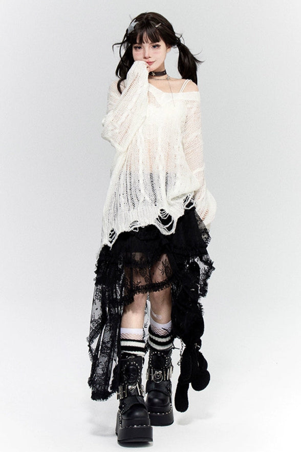 ワンショルダーダメージメッシュルーズトップス