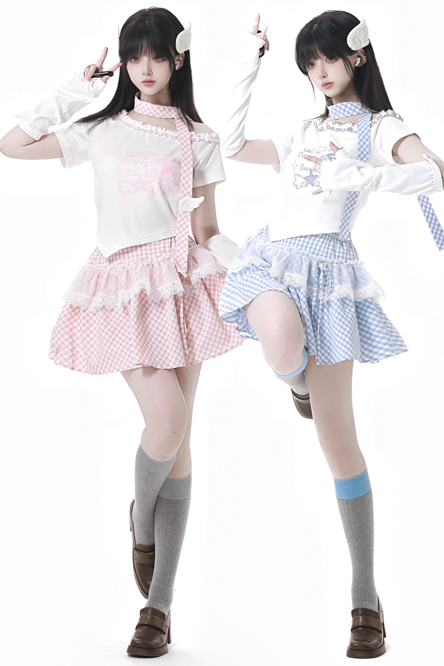 パステルスイートツインスカーフ付きTシャツ＋パフスカート＋アームカバー