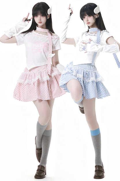 パステルスイートツインスカーフ付きTシャツ＋パフスカート＋アームカバー