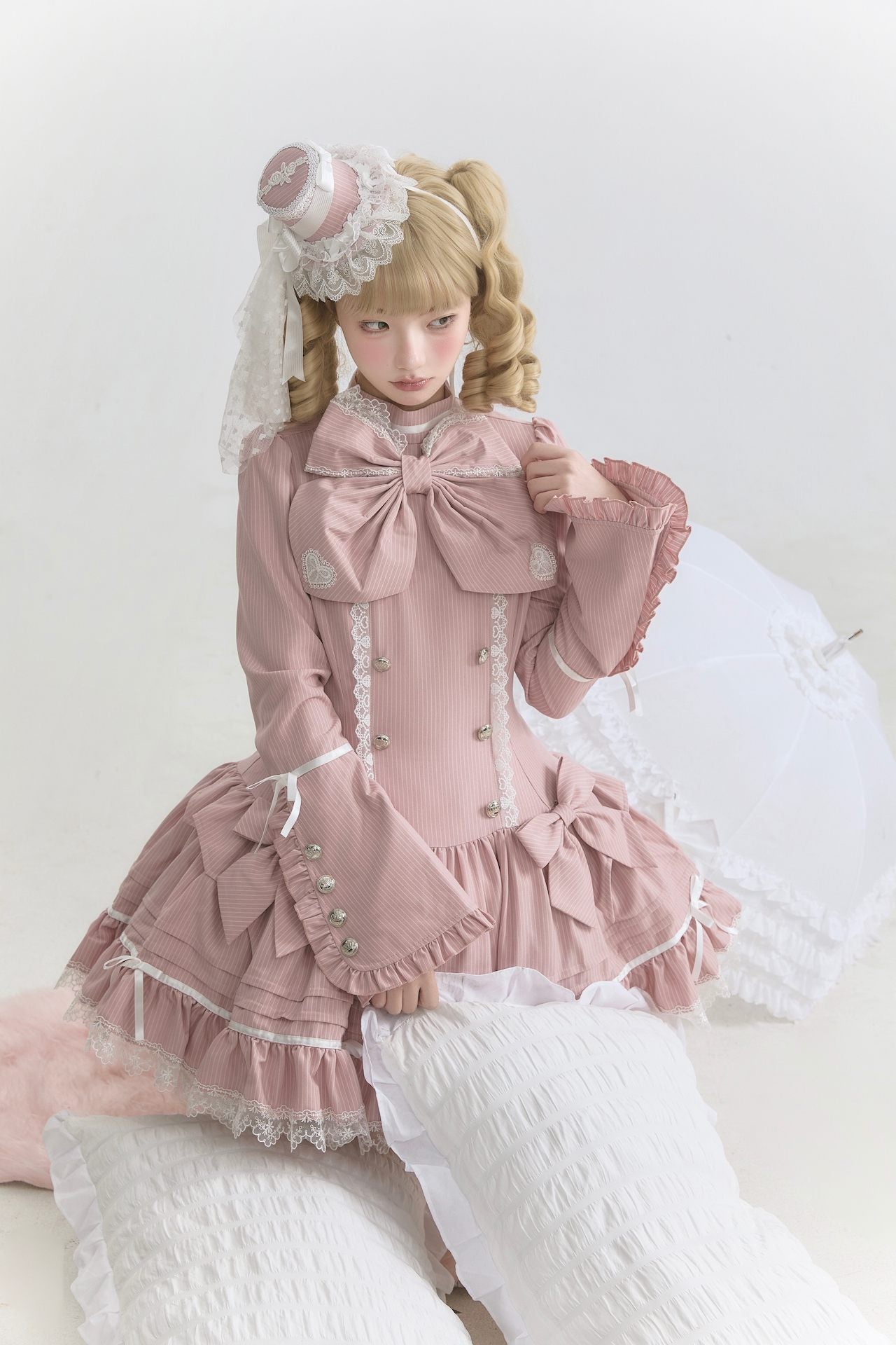 [Pre-order Deadline: April 25] Phantom Cat Sweet Ribbon Stripe Lace Bell Sleeve Lolita Dress
